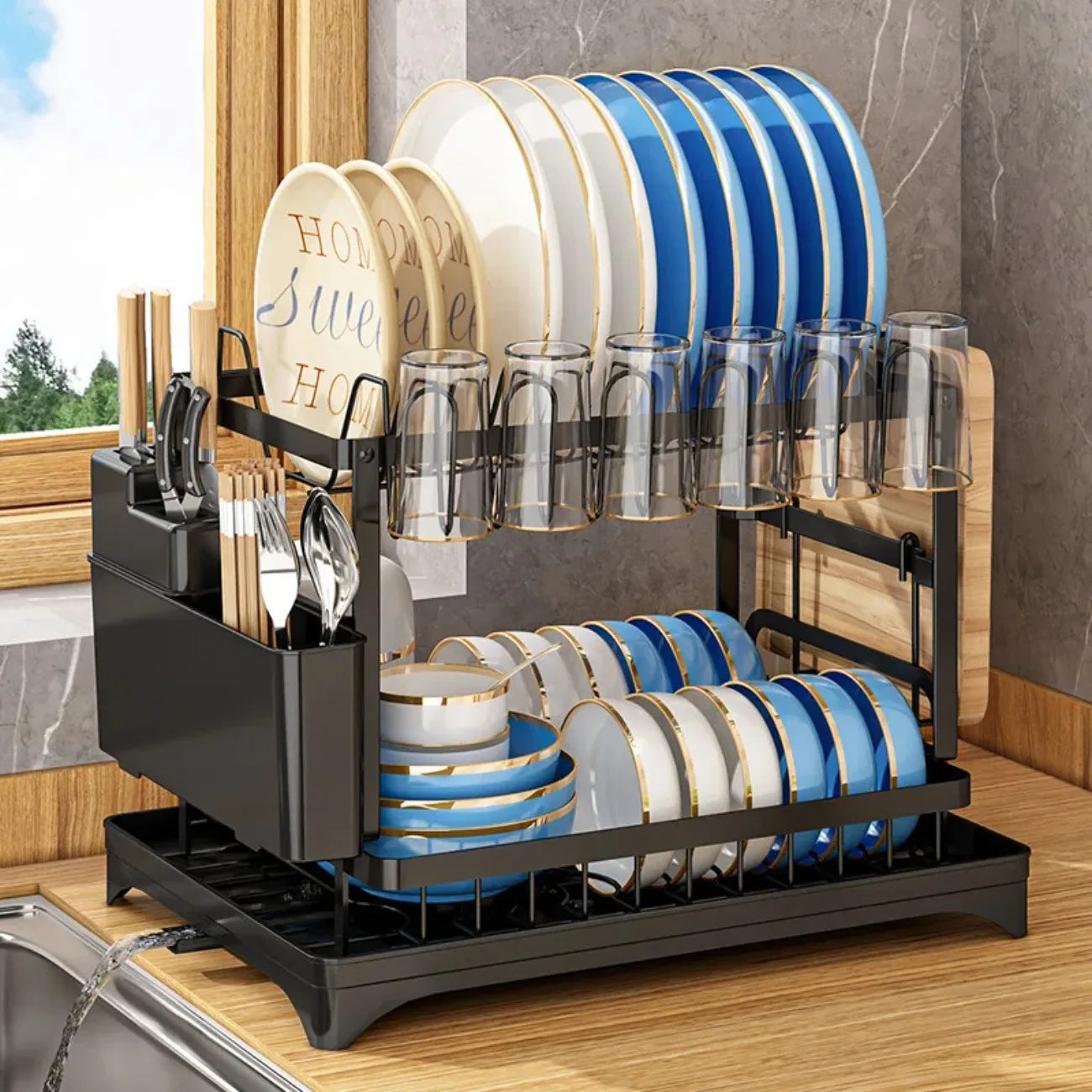 2-Tier 360° Rotating Dish Drying Rack — No-Drill Metal Kitchen Organizer with Utensil Holder & Drainboard