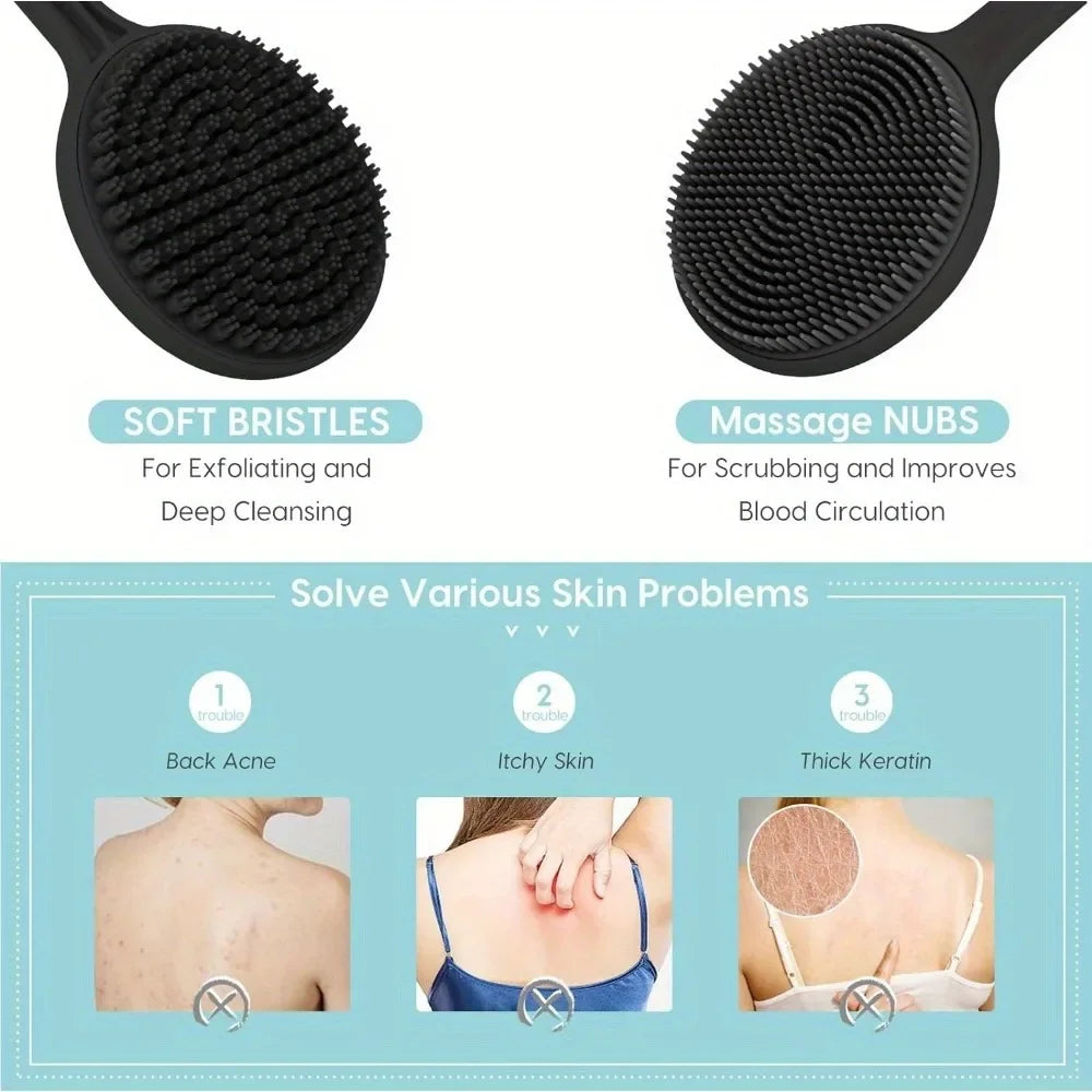 Silicone Back Scrubber Brush – Long Handle Double-Sided Body Deep Cleansing & Exfoliating Massage