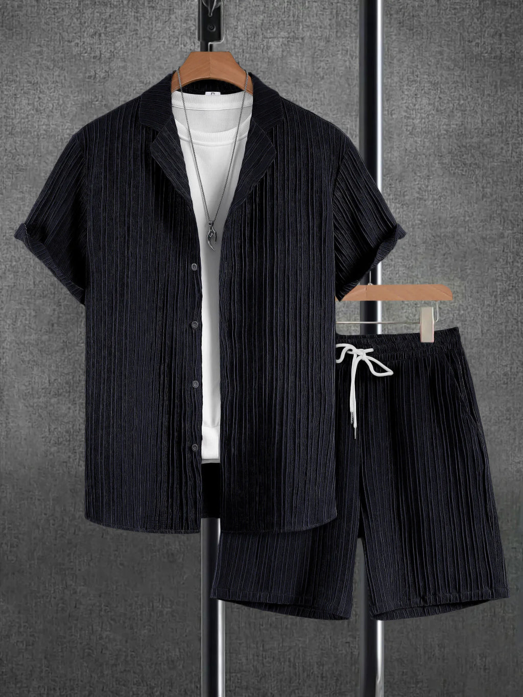 Men's Cuban Collar Shirt & Pleated Shorts 2-Piece Set – Textured Commuter Outfit