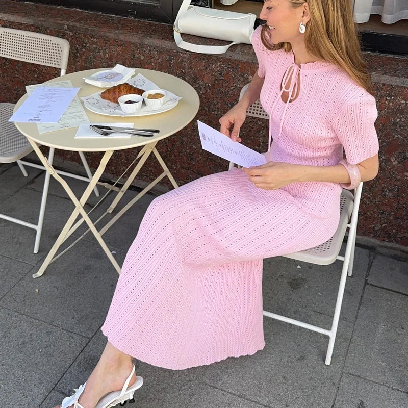Tossy Knit Hollow Out Lace-Up Dress – Ribbed Short Sleeve Patchwork High Waist Elegant Long Dress