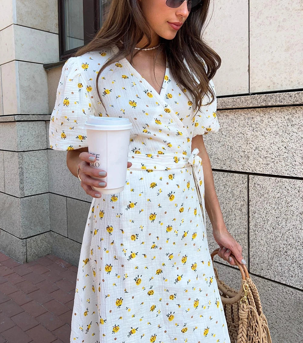 100% Cotton Floral A-Line Midi Dress — Elegant White Summer Dress with Side Slits