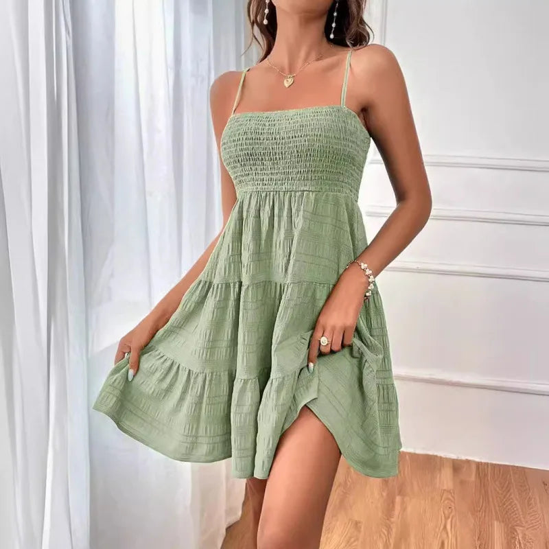 Women's Smocked Bustier Ruffled Tiered Swing Mini Dress – Spaghetti Strap Beach Vacation Dress