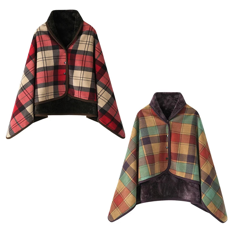 Wearable Plaid Fleece Blanket with Button – Thick Warm Throw for Sofa, Bed, Travel & Office