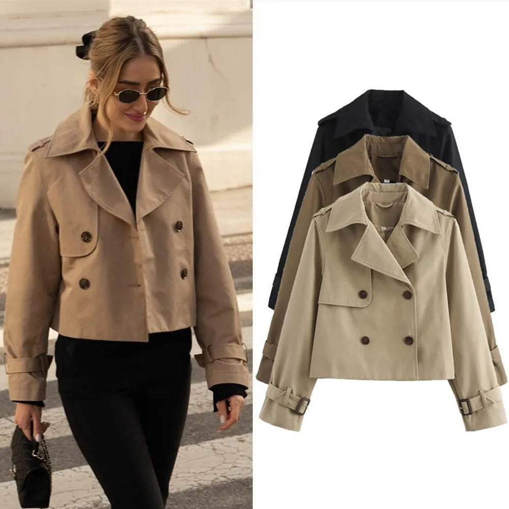 Women's Vintage Cropped Trench Jacket – Double-Breasted High-Waist Streetwear Coat
