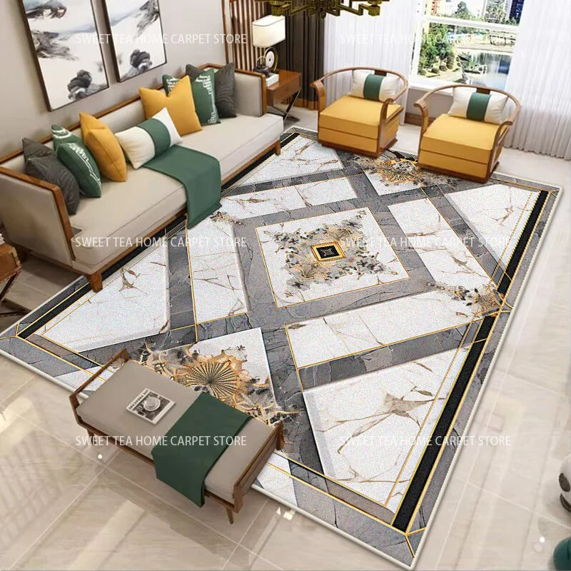 Modern Golden Frame Luxury Carpet – Washable Large Area Rug for Living Room & Bedroom