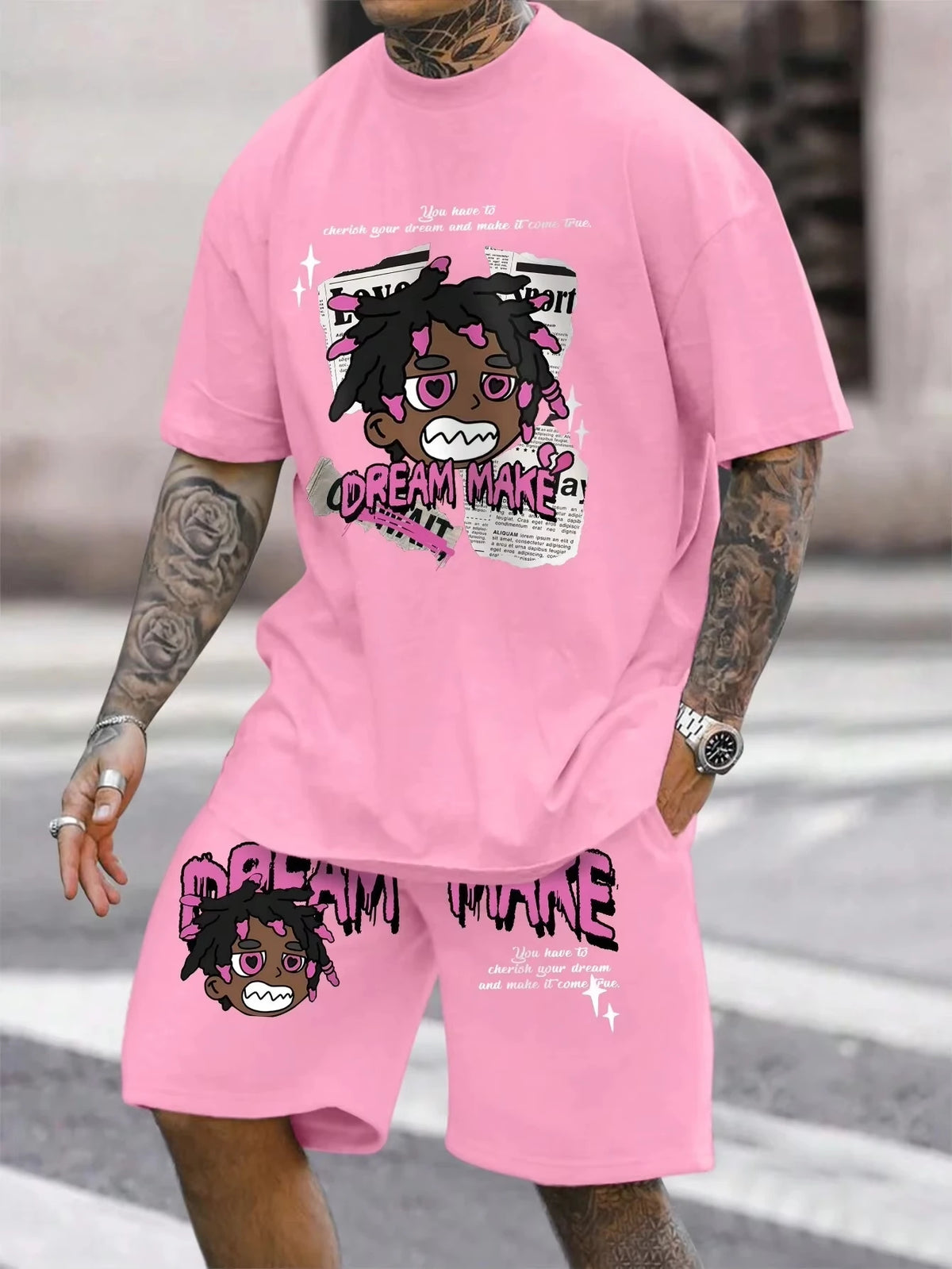 Men's Cartoon & Letter Print Crewneck T-Shirt & Elastic Shorts Set