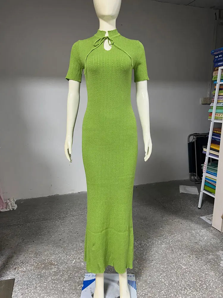 Tossy Knit Hollow Out Lace-Up Dress – Ribbed Short Sleeve Patchwork High Waist Elegant Long Dress