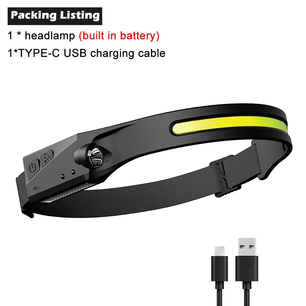 LED Motion Sensor Headlamp – USB Rechargeable, 6 Modes, 230° Wide Beam, IPX4 Waterproof Camping Headlight
