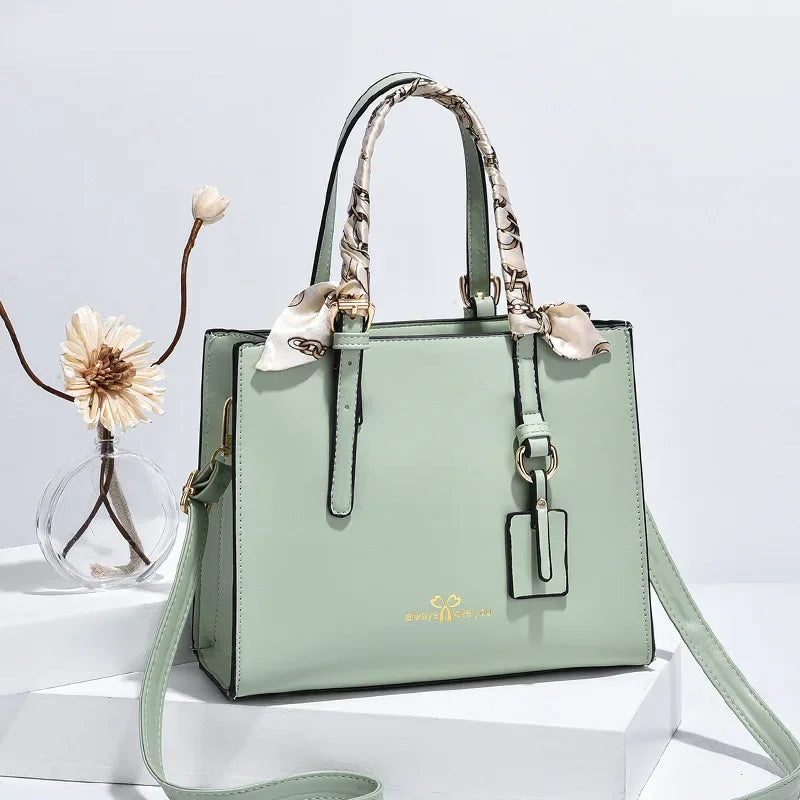 Elegant PU Square Tote Bag – Silk Scarf Crossbody Shoulder Handbag for Women