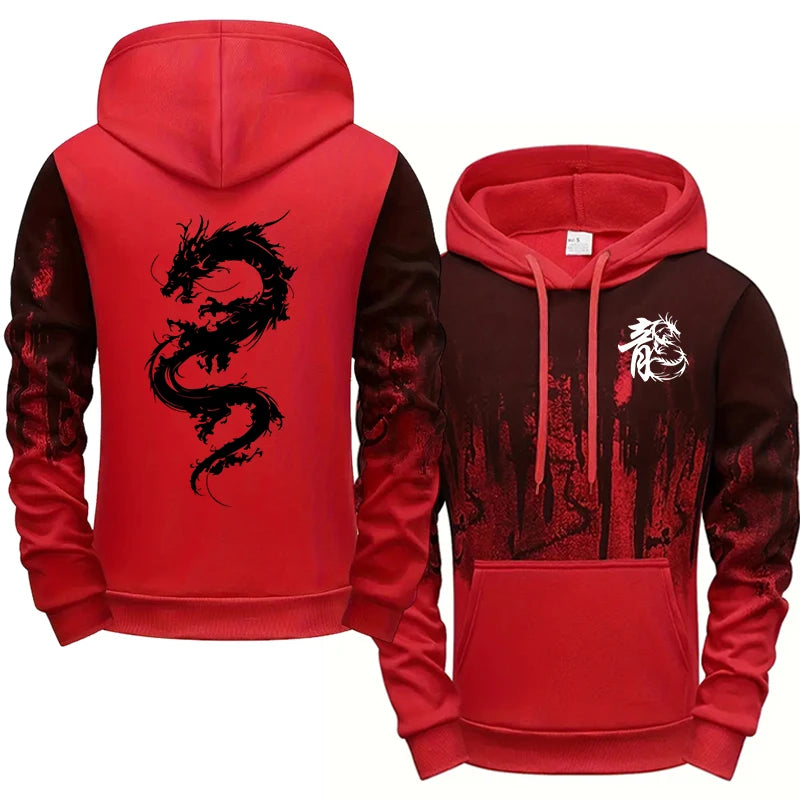 Men's Chinese Dragon Print Hooded Sweatshirt & Sweatpants Set – Autumn Winter Casual