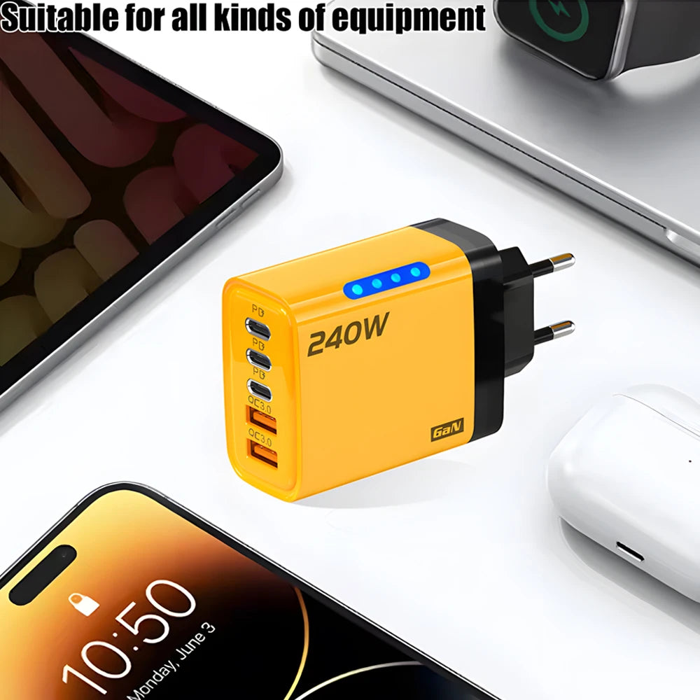 Charge 5 Devices at Once. — 5-Port USB-C PD GaN Charger | 240W Max, Quick Charge 3.0, iPhone 16/15, Samsung, Xiaomi, Huawei, US & EU Plug
