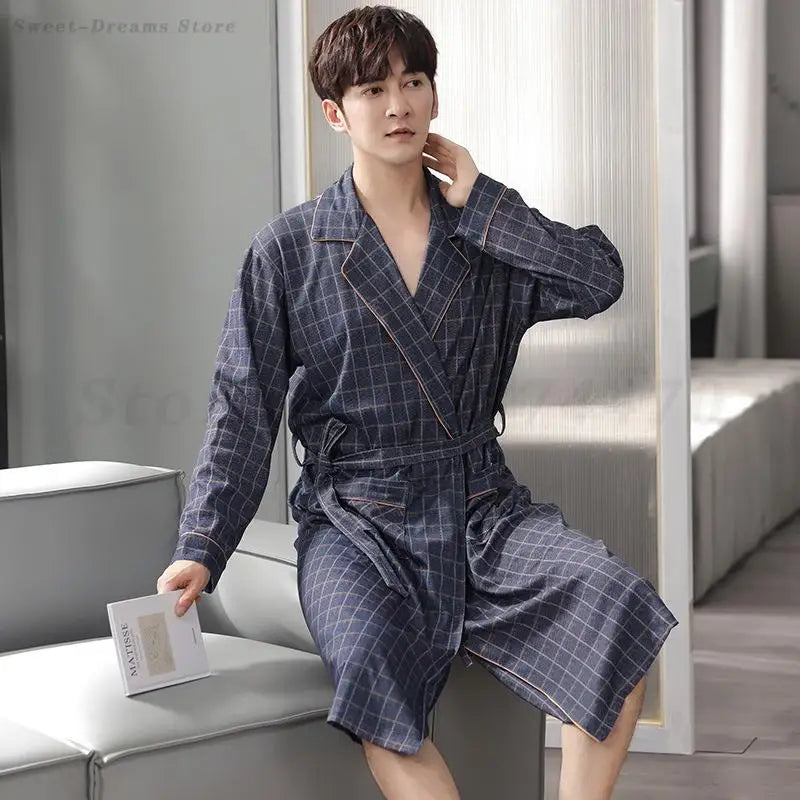 Men's Pure Cotton Plaid Kimono Robe | Long Bathrobe Dressing Gown M-4XL