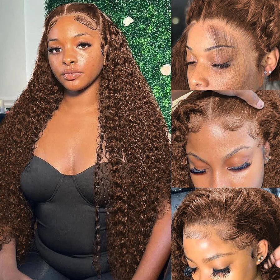 Chocolate Brown Curly 13x4 Lace Front Wig Human Hair Water Wave Brazilian Wig HD Lace 36 Inch for Women 13x6 Frontal Wig