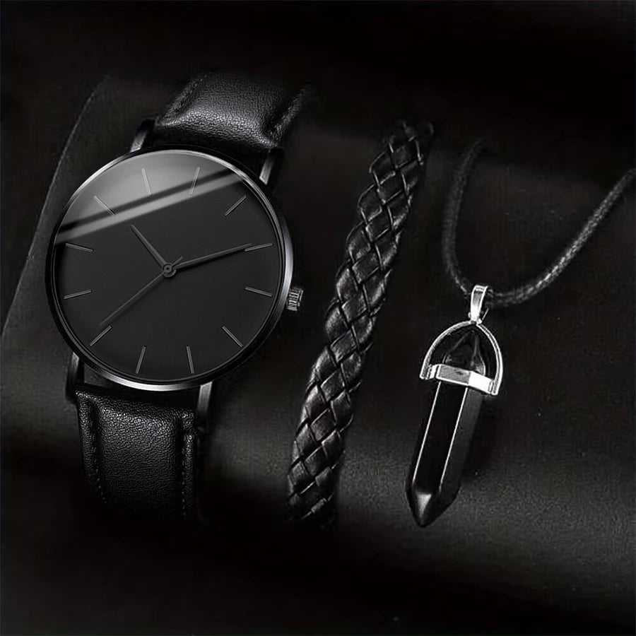 Men's 3-Piece Business Watch Set | Leather Band Quartz Watch + Necklace + Bracelet Gift Set
