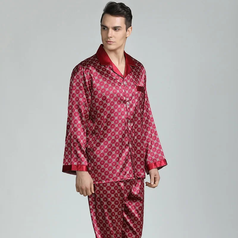 Men's Ice Silk Satin Pajama Set — Long Sleeve Top & Pants Sleepwear