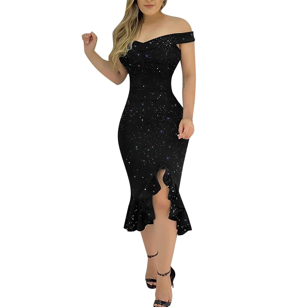 Off Shoulder Sequin Ruffle Irregular Evening Dress — Masquerade Party Dress