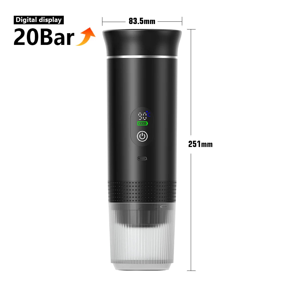 DENOKIN 3-in-1 Portable Espresso Coffee Machine — 20 Bar Pressure, USB-C Charging, Capsule & Ground Coffee Compatible for Travel, Car & Home