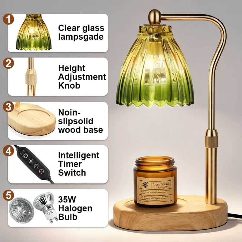 A table lamp with a ribbed green-tinted clear glass shade, gold-toned metal arm and base, and a round wooden base, shown beside a lit amber candle. Five callout panels on the left describe features: clear glass lampshade, height adjustment knob, non-slip solid wood base, smart timer switch, and 35W halogen bulb.