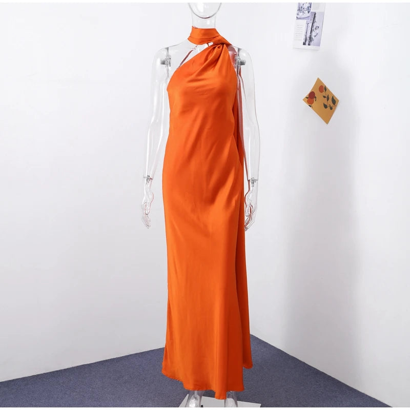 Sexy Satin Halter Backless Party Dress – Off Shoulder Sleeveless Solid Robe Gown 2026
