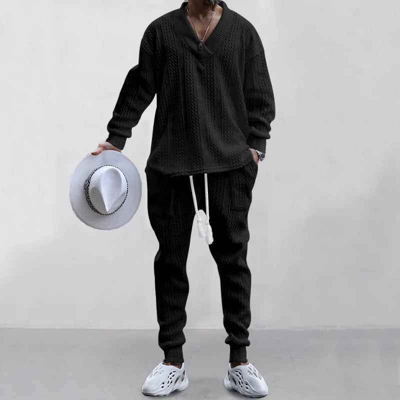 Men's Jacquard Knit Sweater & Casual Trousers Two-Piece Set