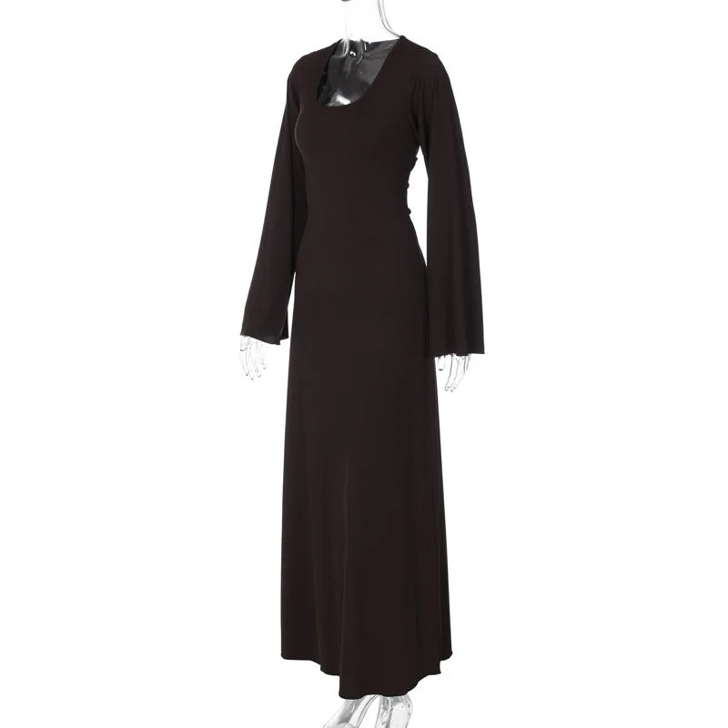 Long Flare Sleeve Maxi Dress — Slim Lace-Up Floor-Length Casual Office Dress