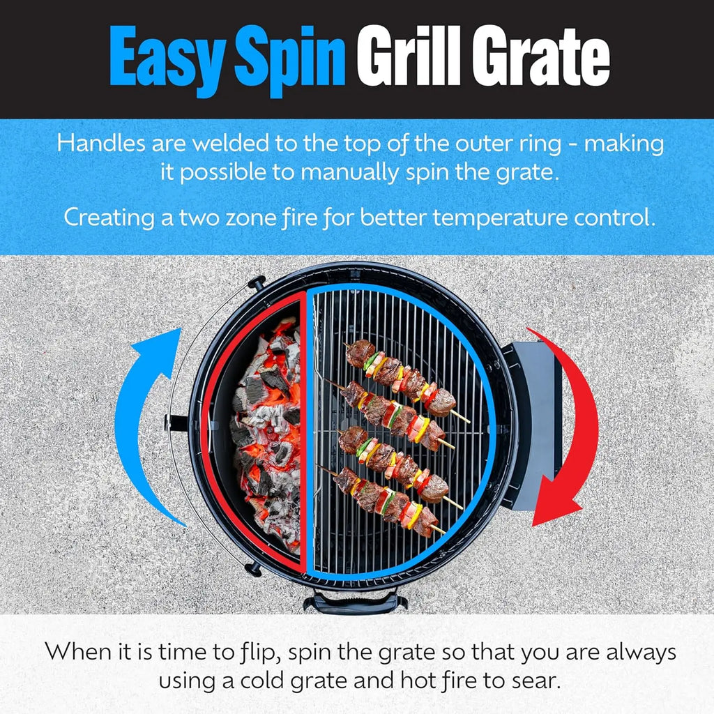Portable Charcoal Grill 18" | 2-Zone Cooking, Easy Spin Grate, Charcoal Basket, Travel Kettle for Camping, Tailgating & Backyard BBQ