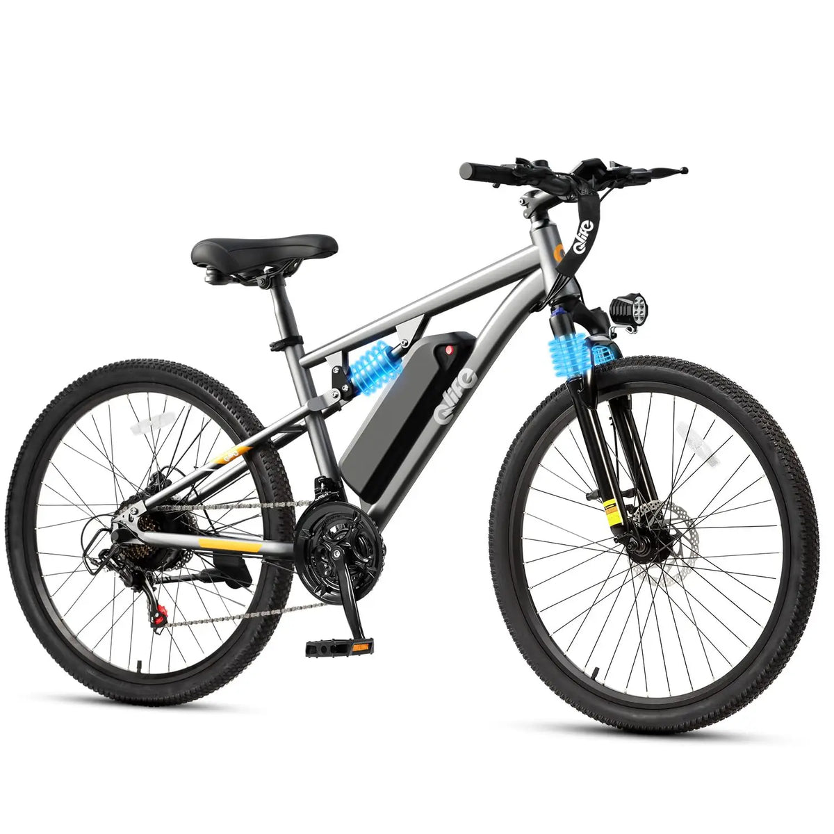 A silver and black electric mountain bike with a front light, rear suspension, and blue handlebar grips, shown from a three-quarters angle on a white background.