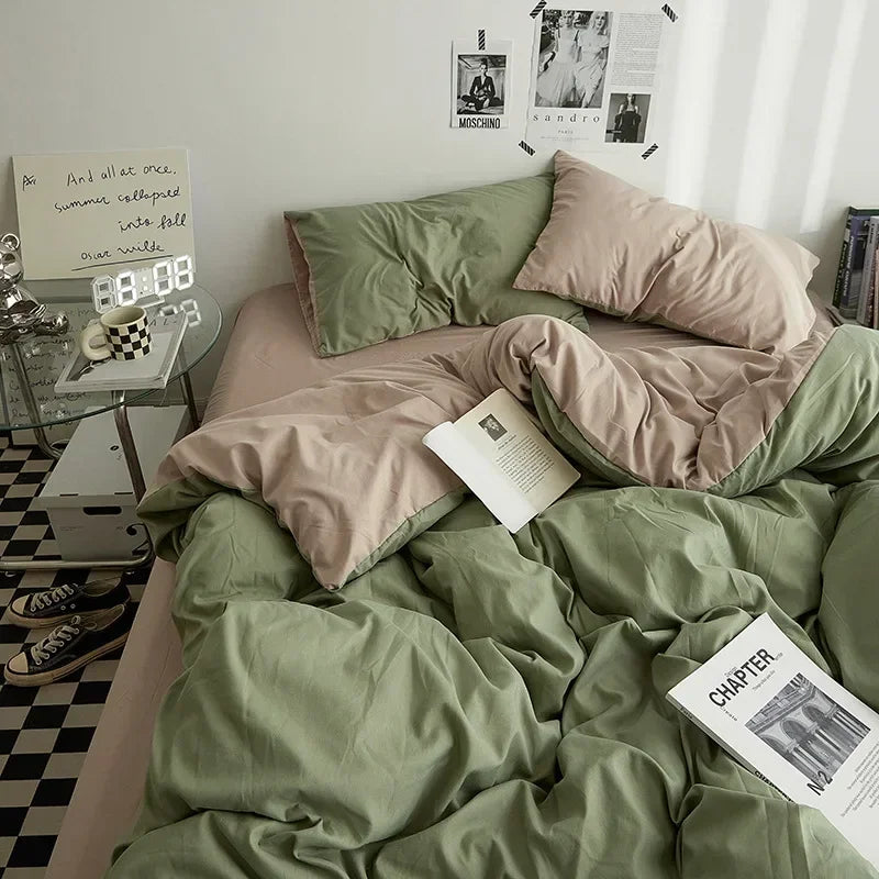 Solid Color Washed Cotton Bedding Set – 4-Piece Duvet Cover, Bed Sheet & Pillowcases, Twin to King