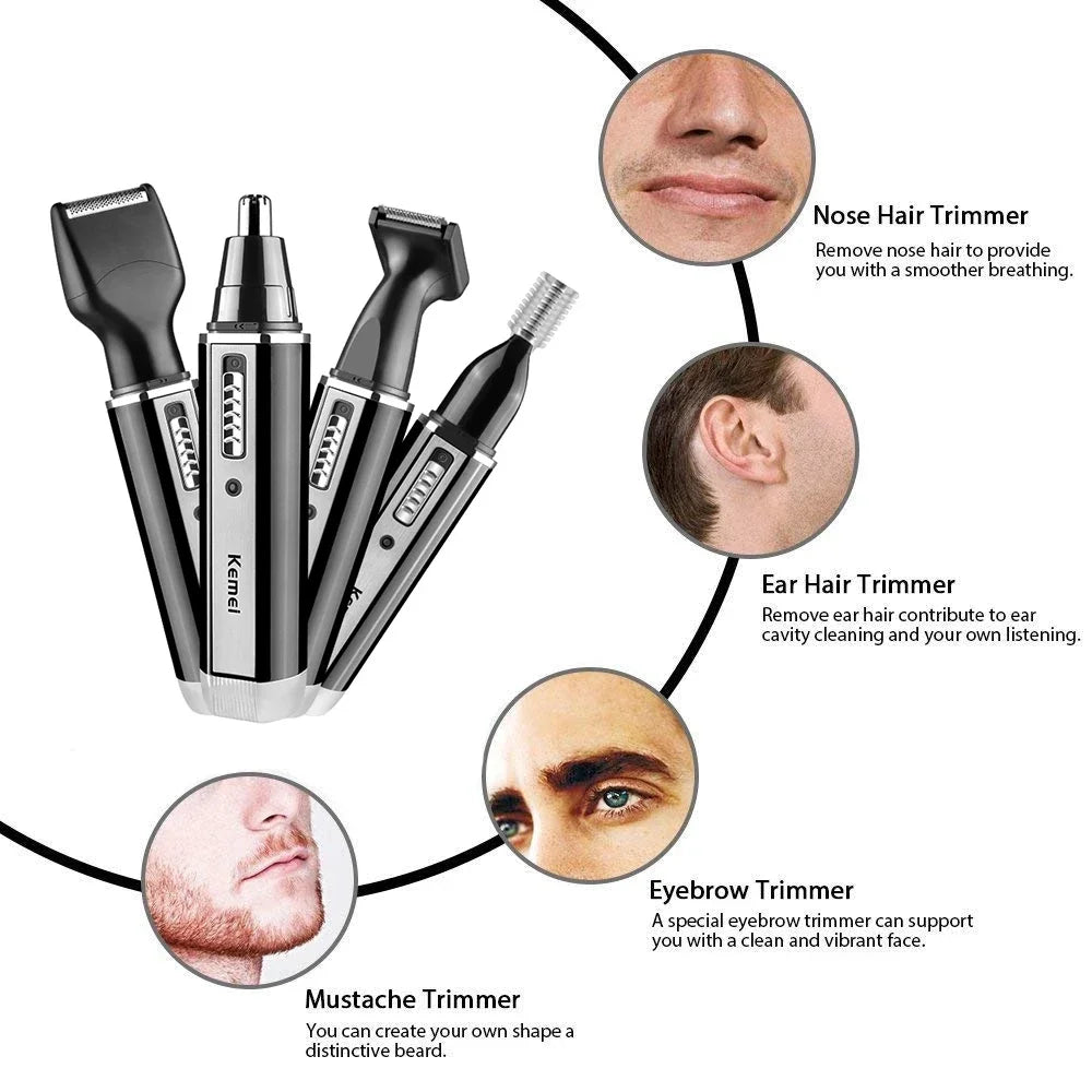 Kemei 4-in-1 Grooming Kit – Nose, Ear, Eyebrow & Beard Trimmer, USB Rechargeable