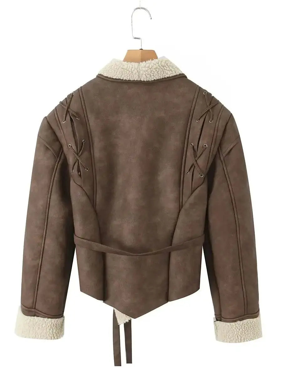 Leather Jackets Women's With Belt Fur Coat Streetwear Fashion Solid Outwear Woman Elegant Jackets Chaqueta De Cuero Para Mujer