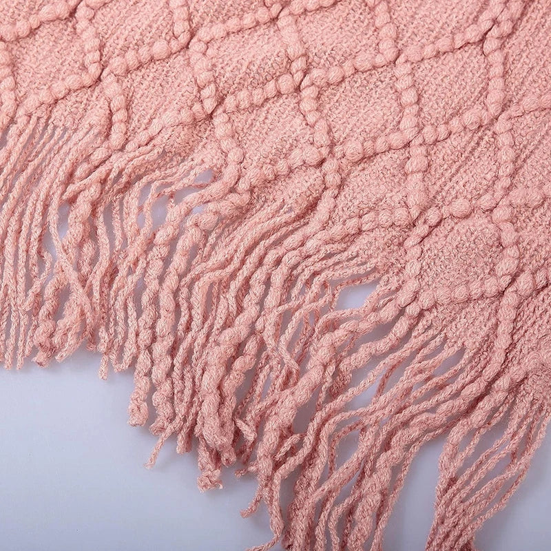 Knitted Acrylic Throw Blanket with Tassels – Chunky Farmhouse Style, 28 Colors & 2 Sizes