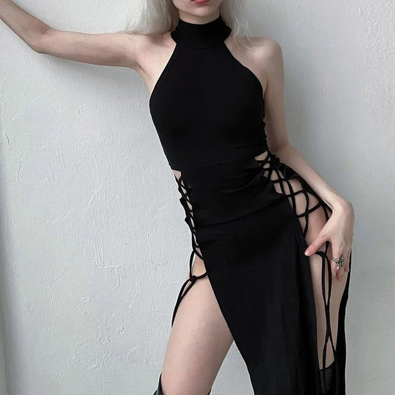 Gothic Halter Bandage Midi Dress — High Split Sexy Alt Partywear