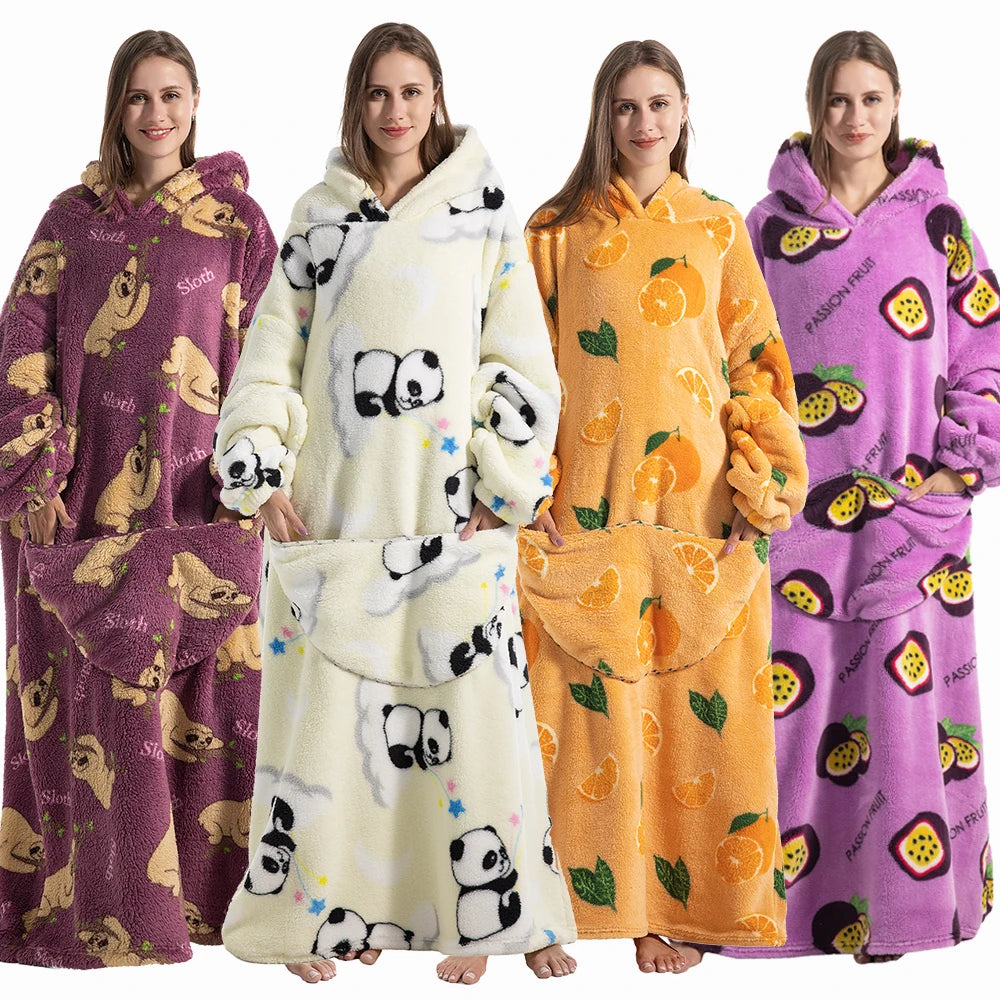 Oversized Wearable Blanket Hoodie – Plush Fleece with Sleeves, Hood & Pocket, 40 Designs