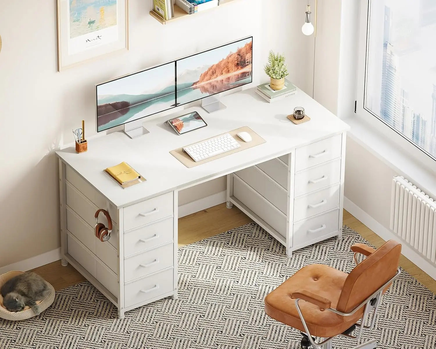 48" White Computer Desk with 8 Fabric Drawers — Large Storage Home Office, Study & Gaming Desk