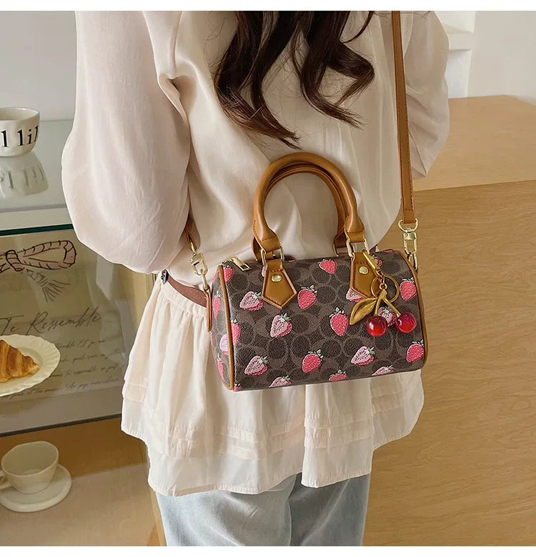 Cherry Print PU Leather Boston Crossbody Shoulder Bag – Luxury Designer Handbag for Women