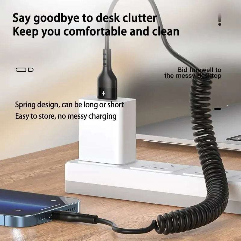 Retractable Fast Charging Spring Cable — USB-C & Lightning
