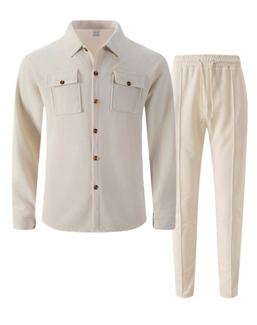Men's Solid Waffle Long Sleeve Cardigan & Pants Set – Double Pocket Workwear Style 2-Piece