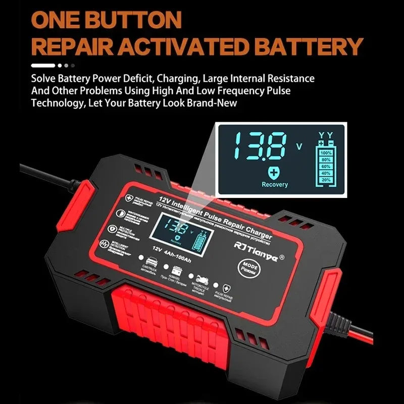 12V 6A Smart Car Battery Charger — LCD Touch Screen Pulse Repair for AGM, GEL & Lead Acid Batteries
