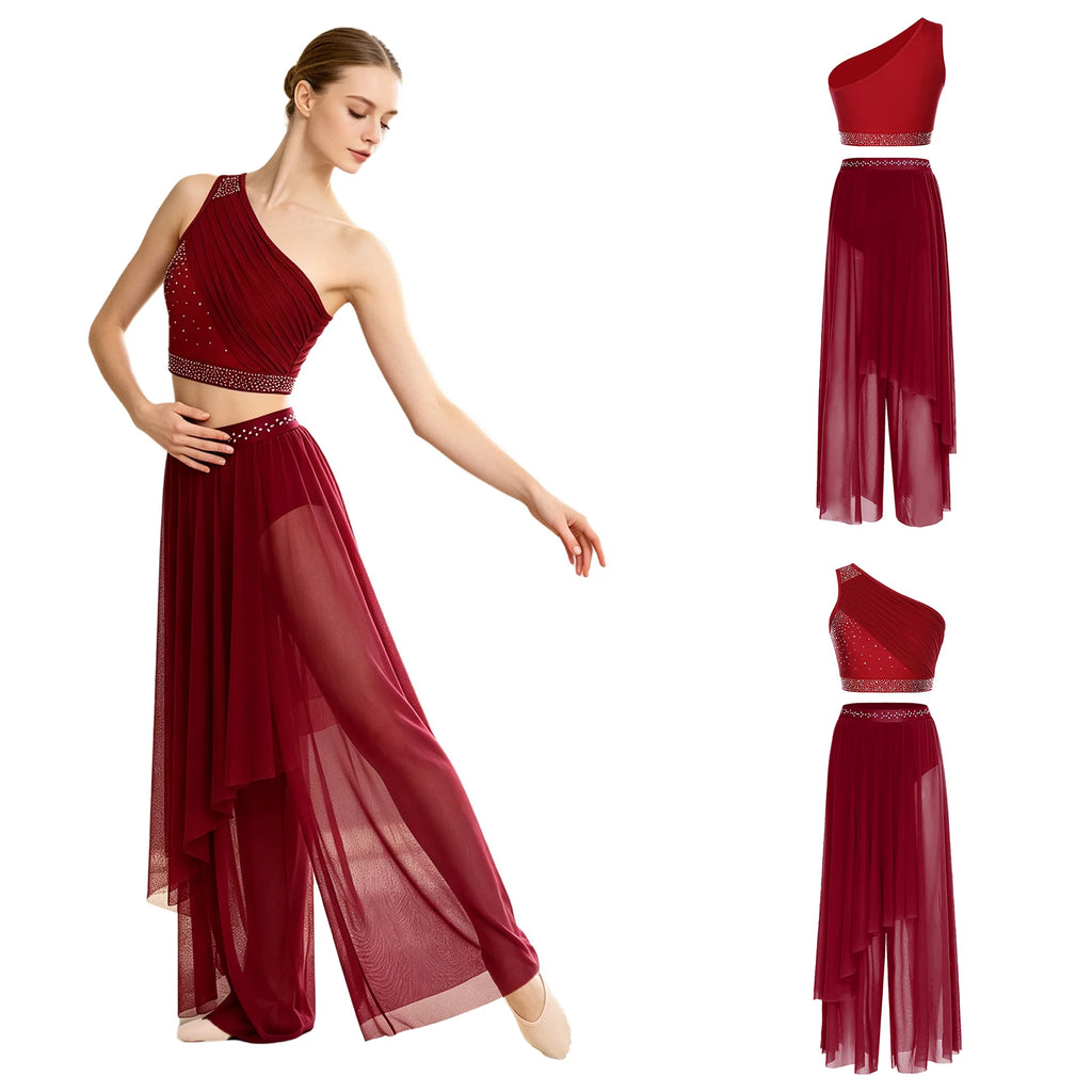 Women's Dance Performance Costume – Shiny Crop Top & Sheer Pants for Skating, Gymnastics & Ballet