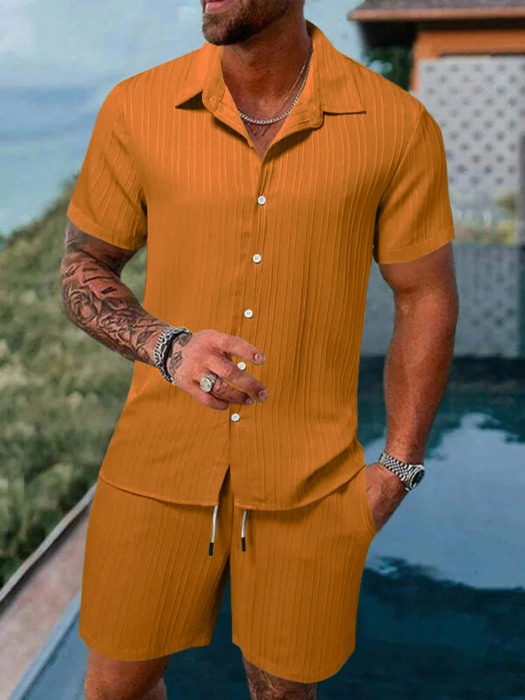 Men's Striped Collared Button-Down Shirt & Drawstring Shorts Set – Solid 2-Piece Beach