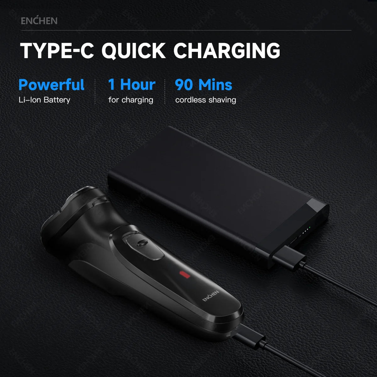 ENCHEN Blackstone 3D Rotary Electric Shaver – Type-C Fast Charge, 85-Min Runtime, Auto-Grinding Blade