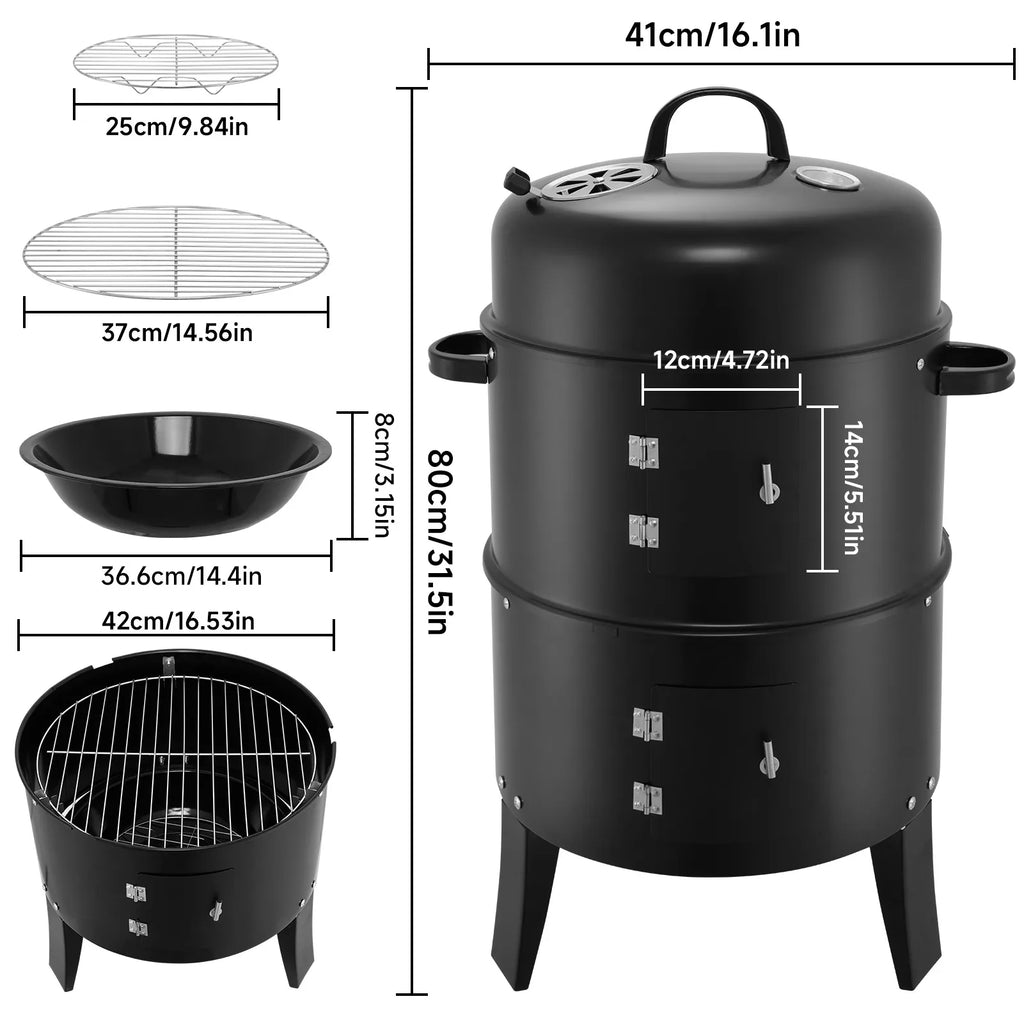 3-in-1 Vertical Portable Smoker Grill | 400 Sq. In., Detachable 2-Layer Design, Built-in Thermometer, Camping & Backyard BBQ