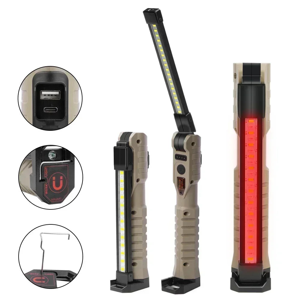 Folding COB+XPE LED Work Light – USB Rechargeable, 180° Foldable, Magnetic Base, Hook, Red SOS, Car Repair