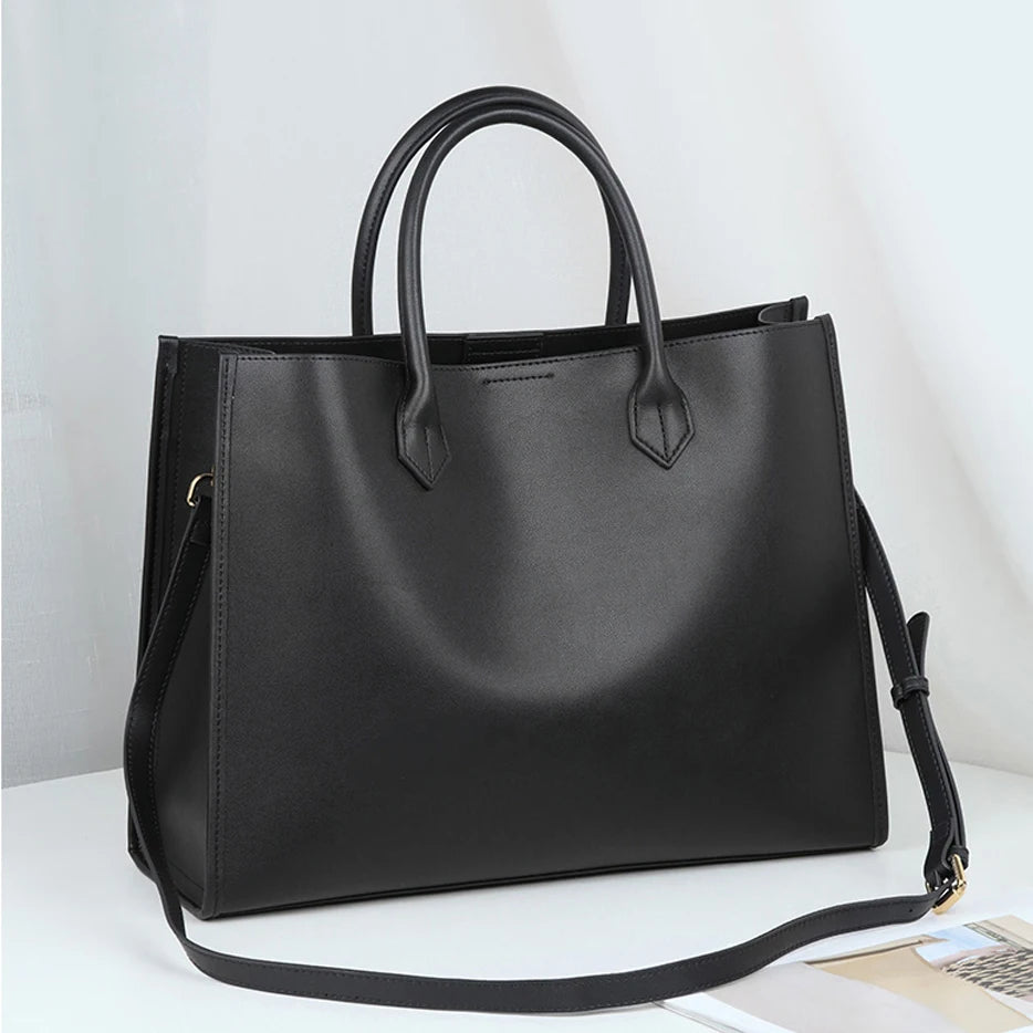 Luxury Cowhide Leather Tote Bag – Large Capacity Shoulder Bag with Laptop Compartment for Women