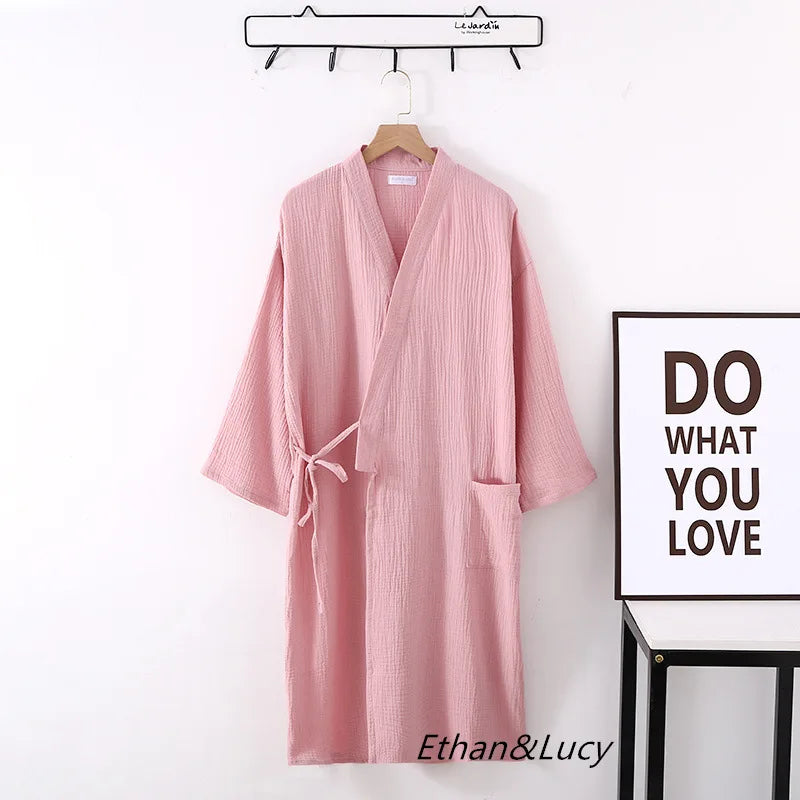 Couples 100% Cotton Crepe Gauze Robe | Long-Sleeve V-Neck Kimono Wedding Bathrobe