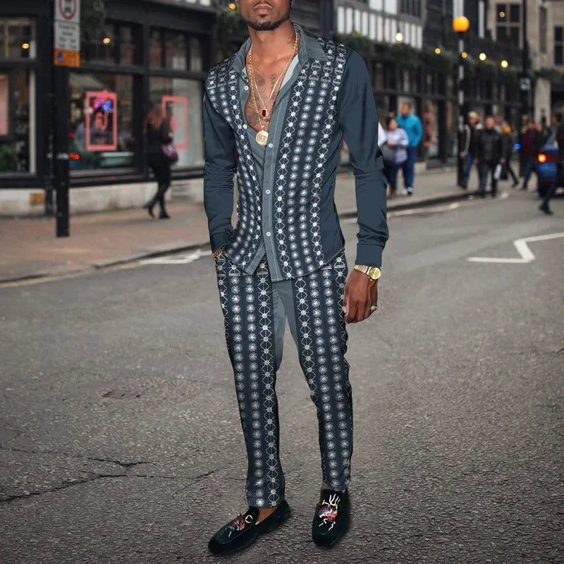 Men's 3D Retro Harajuku Print Long Sleeve Lapel Shirt & Long Pants 2-Piece Set