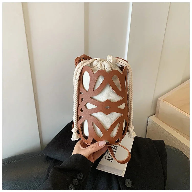 Brilliant Fish Hollow Out Drawstring Mini Bucket Crossbody Bag – Adjustable Strap Shoulder Bag for Women
