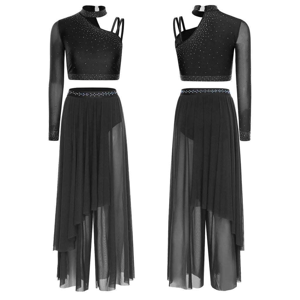 Women's Dance Performance Costume – Shiny Crop Top & Sheer Pants for Skating, Gymnastics & Ballet