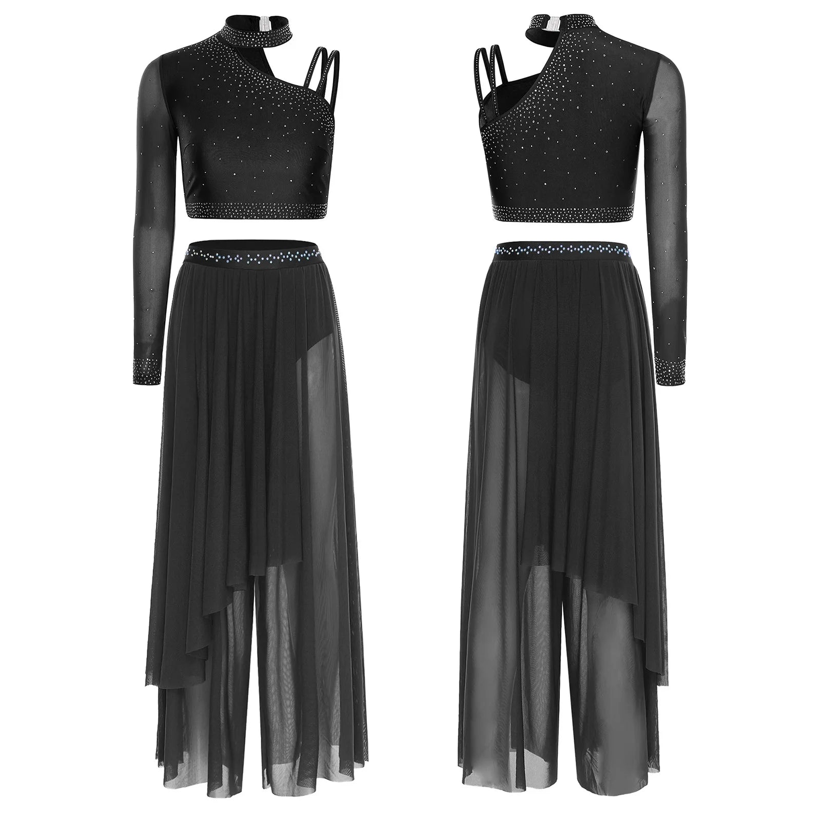 Women's Dance Performance Costume – Shiny Crop Top & Sheer Pants for Skating, Gymnastics & Ballet