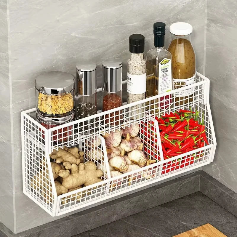 Screwless Wall-Mounted 3-Compartment Kitchen Storage Rack – Multi-Use Iron Organizer for Kitchen & Home